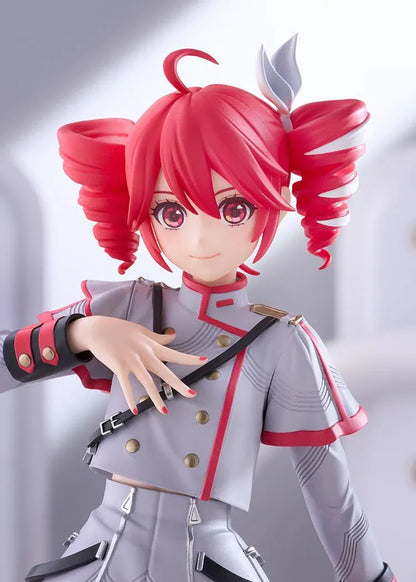 Kasane Teto Synthesizer V AI figure with red drill curls, a gray and red outfit, layered skirt, and black lace-up boots, posed with one hand across her chest.