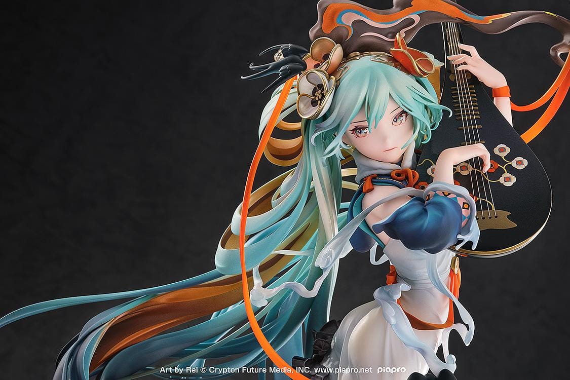 Hatsune Miku Shimian Maifu Ver. 1/7 scale figure featuring flowing turquoise hair, stringed instrument, orange ribbons, flame effects, and detailed fantasy outfit