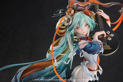 Hatsune Miku Shimian Maifu Ver. 1/7 scale figure featuring flowing turquoise hair, stringed instrument, orange ribbons, flame effects, and detailed fantasy outfit