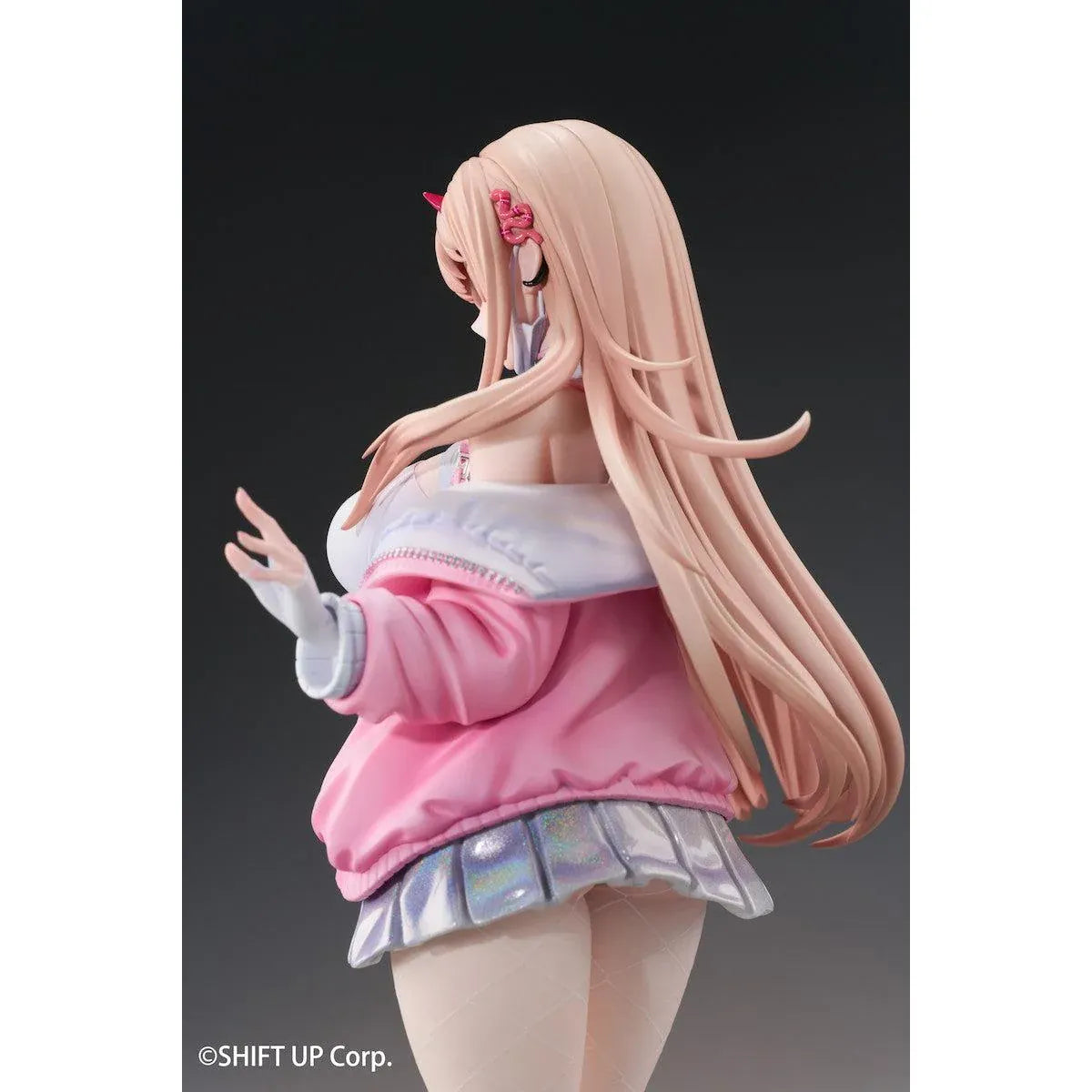 Viper Deluxe Edition 1/7 scale figure from Goddess of Victory Nikke wearing a pink jacket and stylish outfit with an illustrated wall scroll.