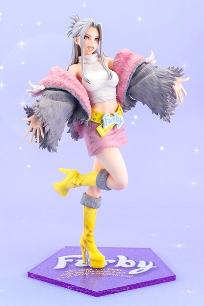 Furby Bishoujo Figure with fashionable character in sunglasses, fuzzy jacket, yellow boots, Furby companion, and glittery display base
