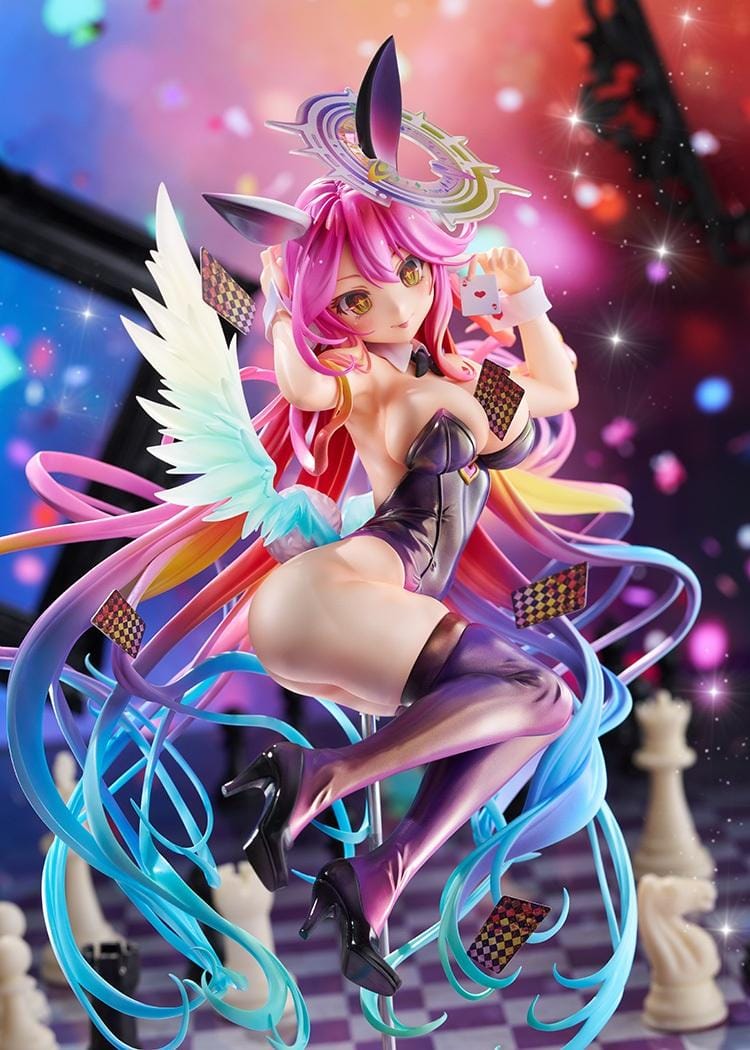 No Game No Life Jibril Bunny Ver. 1/6 Scale Figure featuring a pink-haired anime girl with flowing multicolored strands, golden eyes, purple bunny ears, a glossy purple bunny suit, thigh-high stockings, feathered wings, and a halo floating above a checkered display base.