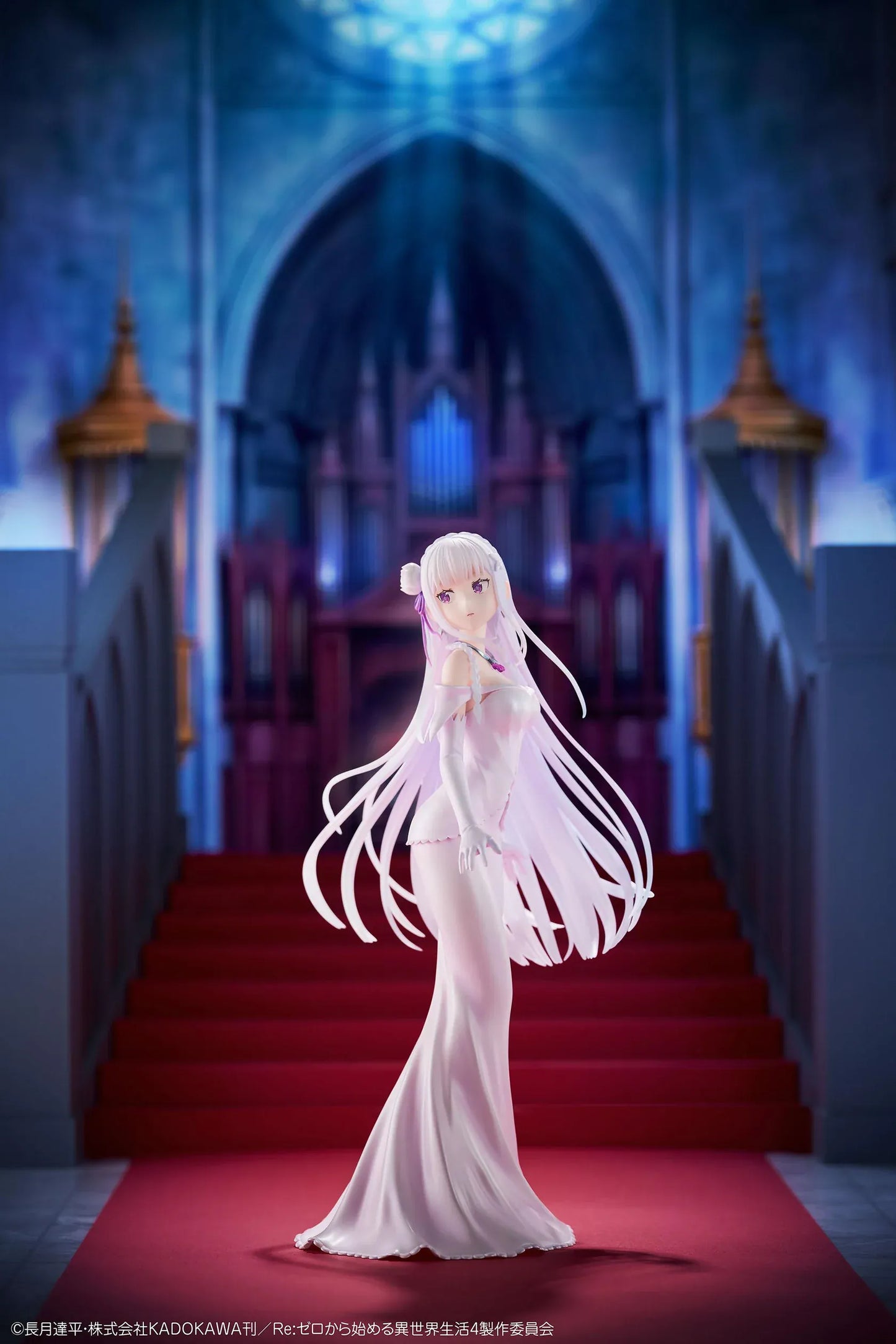 Re Zero Emilia Wedding Dress Ver. 1/7 Scale Figure wearing an elegant flowing white bridal gown with silver hair and floral accessories