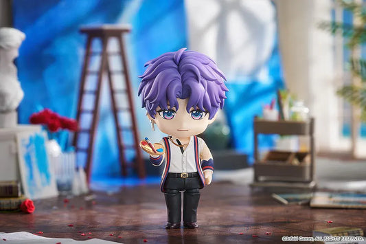 Love and Deepspace Nendoroid Rafayel Figure featuring Rafayel with purple hair, gradient blue-pink eyes, white shirt, dark shorts, tall boots, and stylish jacket details.