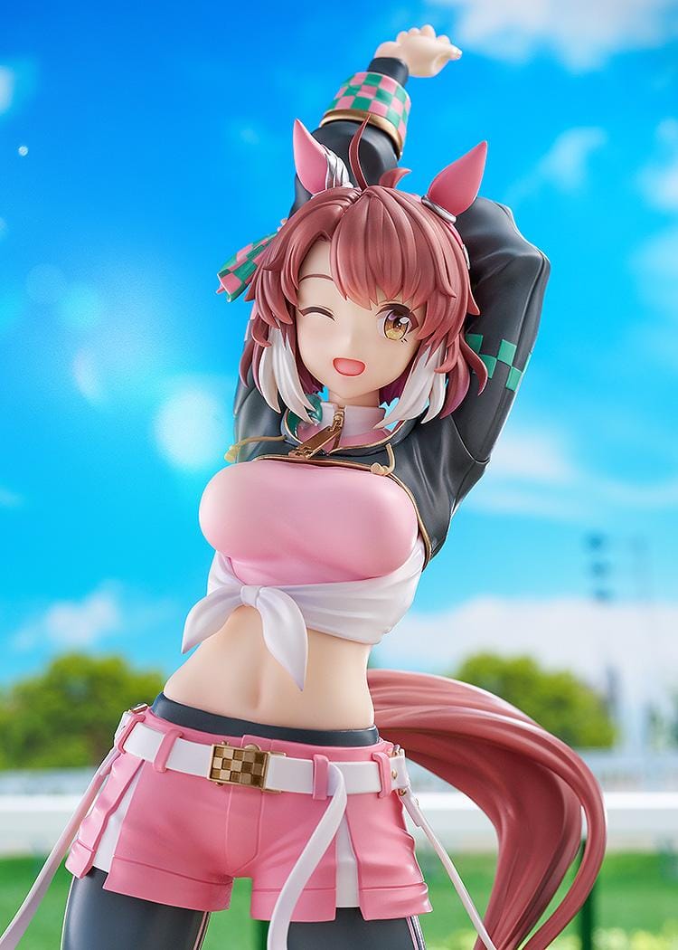 Uma Musume Pretty Derby Dantsu Flame 1/7 scale figure in pink athletic outfit with dynamic stretching pose and themed base