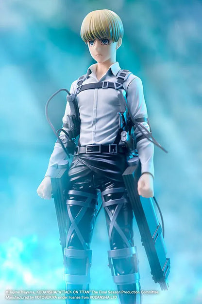 Armin Arlert The Final Season Ver. Oshi Works figure with blond hair, a gray shirt, black harness straps, and equipment on a rectangular black base.