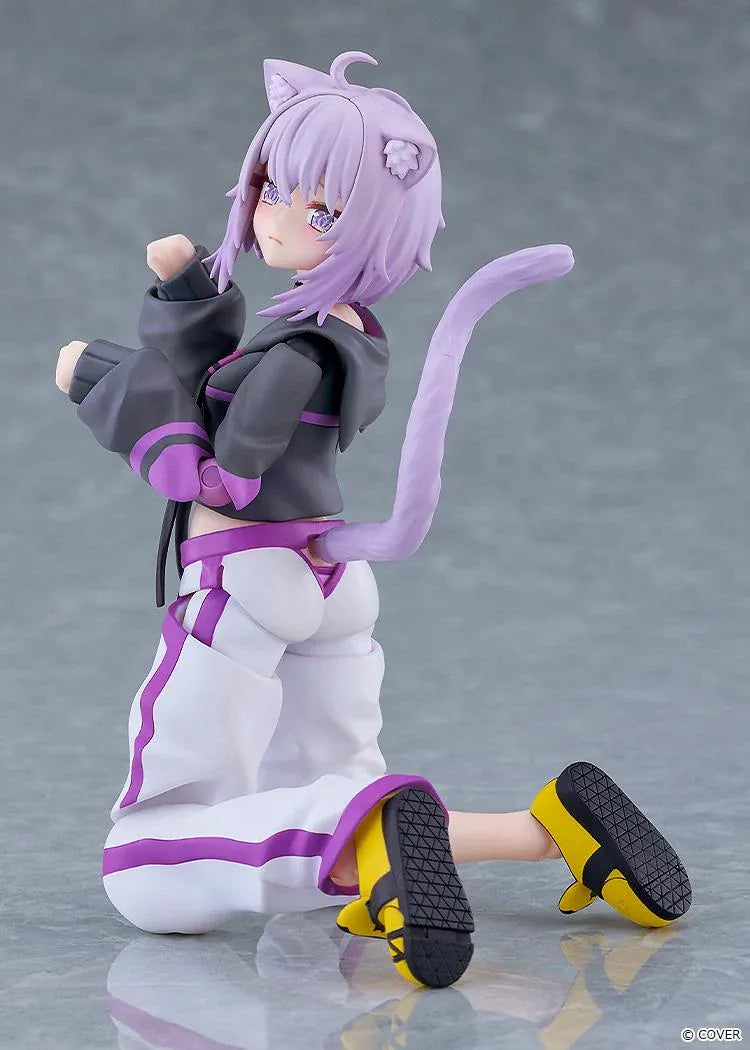 hololive production figma Nekomata Okayu Figure with lavender hair, cat ears and tail wearing her signature black purple and white outfit