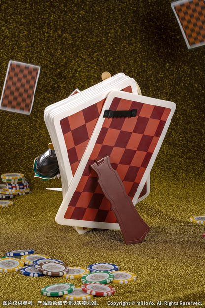 Honkai Star Rail Diorama Aventurine Inherently Unjust Destiny Ver. Non-Scale Figure featuring a blonde-haired character with purple eyes, glasses, a black and teal outfit with gold accents, and a white fur collar surrounded by playing cards, poker chips, and an ornate casino backdrop.