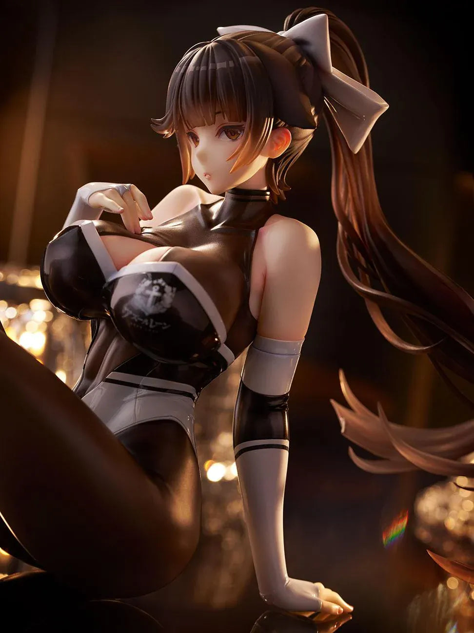 Azur Lane Takao Full Throttle Charmer figure seated with one leg raised, wearing a black and white outfit, dark stockings, and a white hair bow.