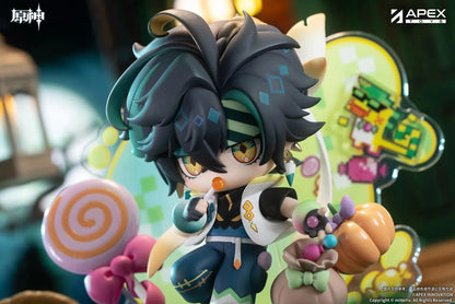 Genshin Impact You Ye Qi Xiang Series chibi Kinich figure holding a lollipop, surrounded by candy, a pumpkin, and a pixel-art backdrop.