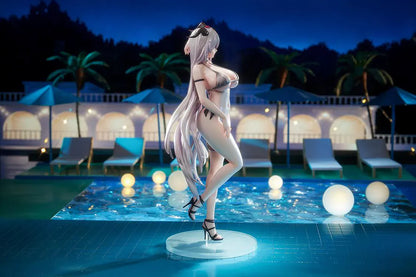 Azur Lane Agir Nightpool 1/6 Scale Figure featuring Agir with long silver hair, horn details, floral accessories, dark swimwear, and a water-inspired display base.