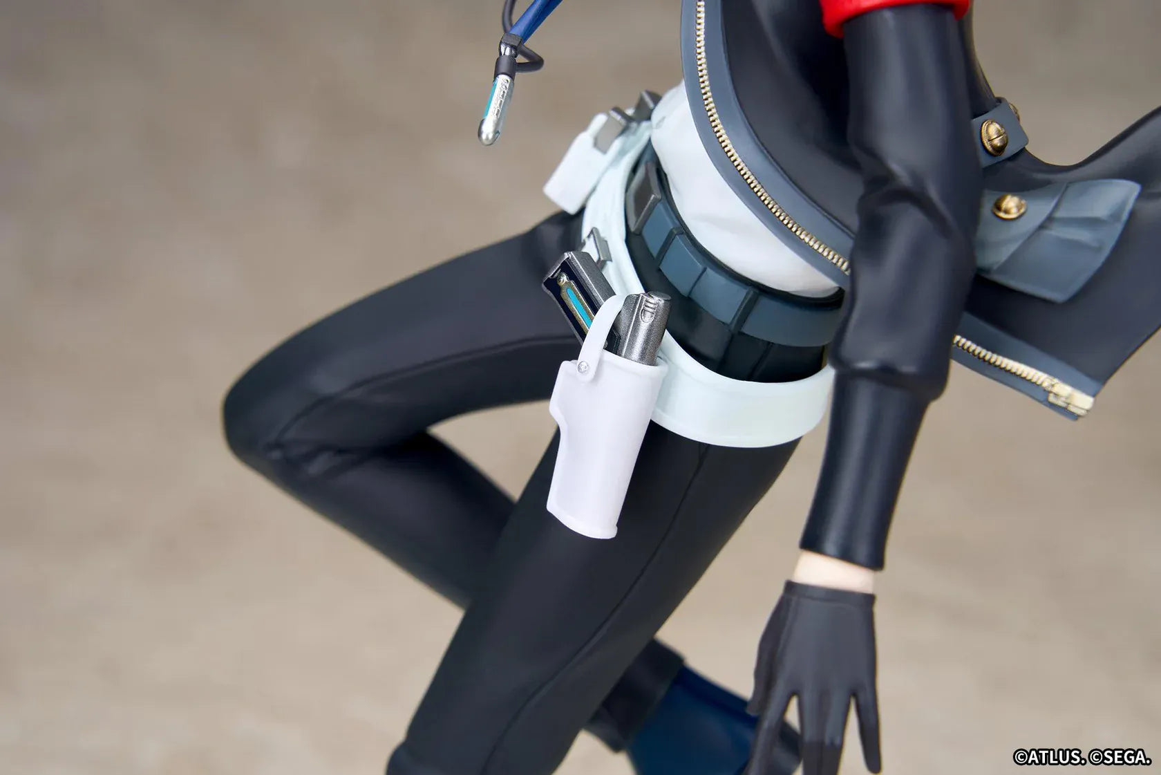 Persona 3 Reload Limepie Protagonist 1/8 Scale Figure with blue hair, black jacket, S.E.E.S. armband, headphones, and themed display base