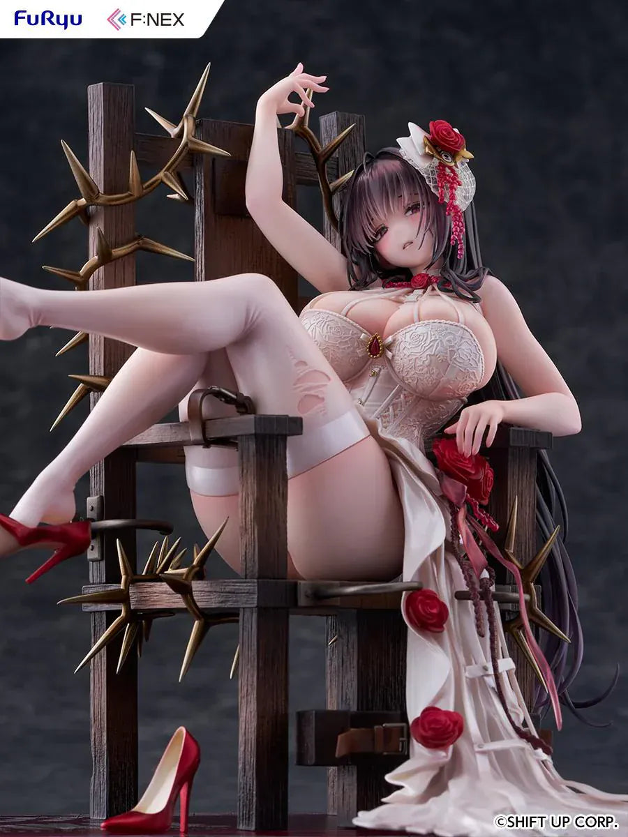 Goddess of Victory: Nikke Mihara Pain Eater scale figure lounging on a thorny wooden throne in a candlelit gothic room, wearing a white dress with red roses.