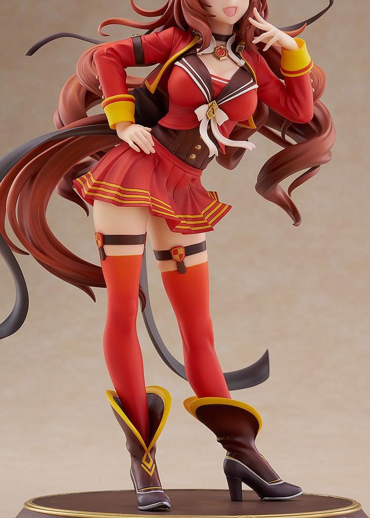 1/7 scale Uma Musume: Pretty Derby Maruzensky Signature Racewear Ver. figure, winking and posing in a red race uniform with long flowing brown hair and decorative horseshoe base.