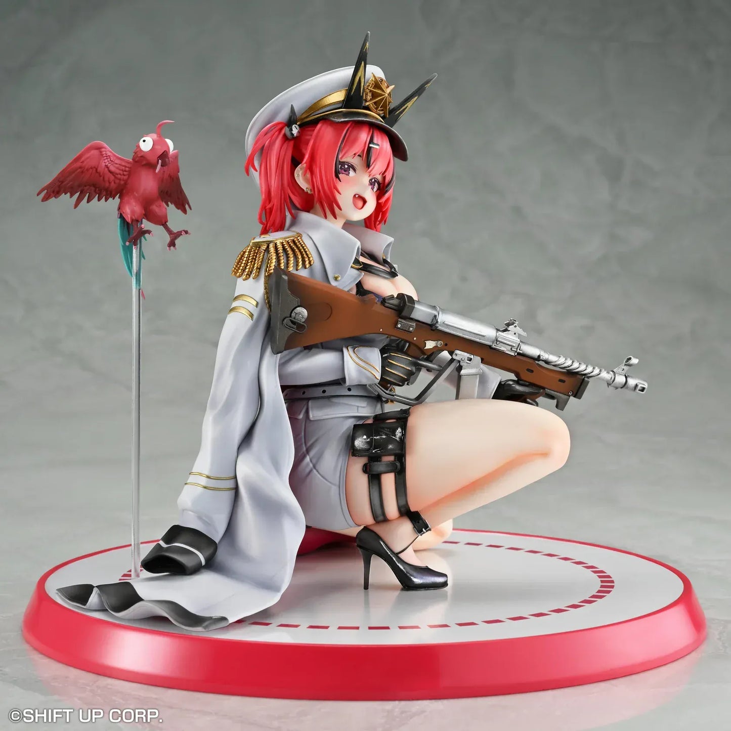 Goddess of Victory: Nikke Mast 1/7 scale figure kneeling on red-and-white base in white naval uniform with rifle and red parrot