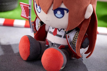 STEINS;GATE Kurisu Makise Racing Ver. Punipuni Plushie seated with reddish-brown hair, blue embroidered eyes, a racing outfit, and a red flag.