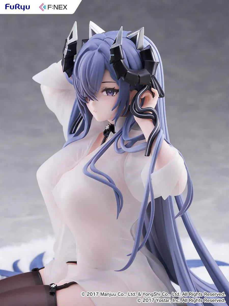 Azur Lane August von Parseval The Unhulde's Midday Respite 1/6 Scale Figure seated in white shirt with long blue hair and dark thigh-high stockings