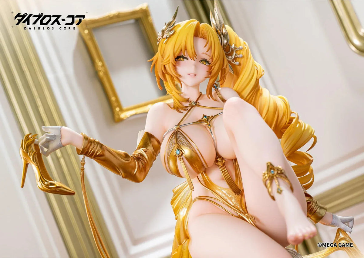 Daiblos Core Lobera Passionate Night Deluxe Edition 1/6 Scale Figure featuring a golden-blonde-haired anime character with golden eyes, an elaborate gold outfit, blue gemstone jewelry, ornate accessories, and flowing gold and silver fabrics seated on a decorative throne-inspired display. Includes an exclusive 300 × 500 mm illustrated wall scroll.