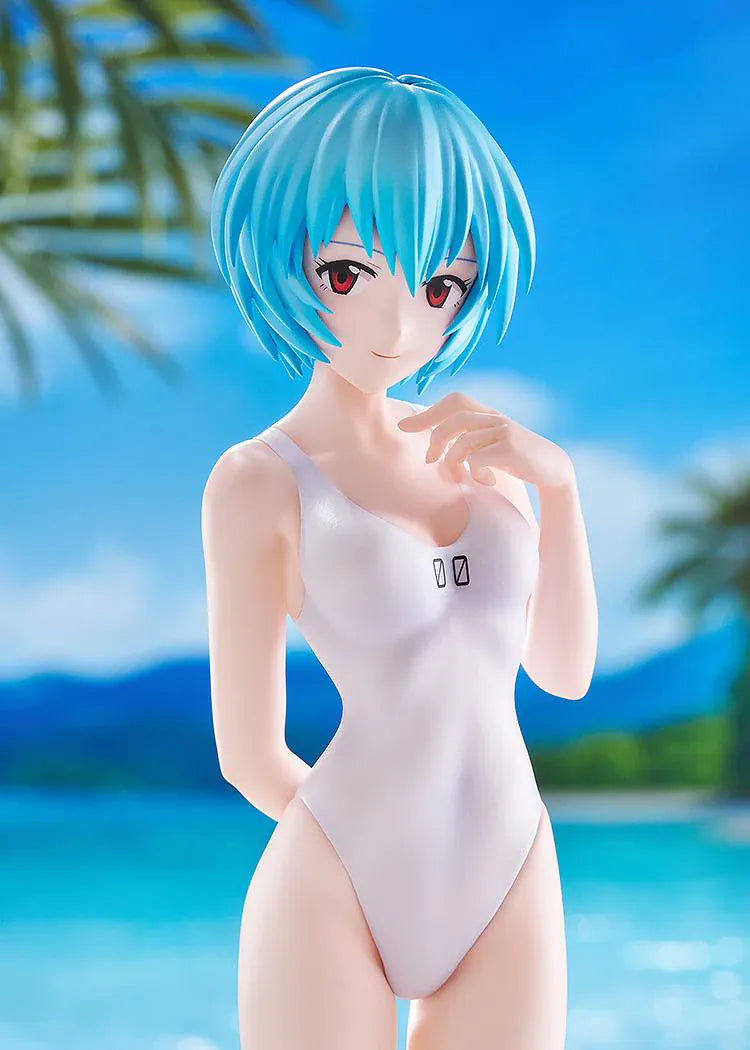 Rebuild of Evangelion POP UP PARADE BEACH QUEENS Rei Ayanami One-Piece Style L Size Figure featuring Rei with short blue hair, red eyes, and a white one-piece swimsuit.