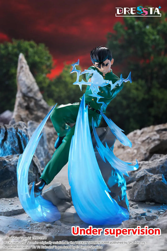 Yu Yu Hakusho Dressta Yusuke Urameshi Figure in green school uniform with blue spirit energy effect and rocky display base