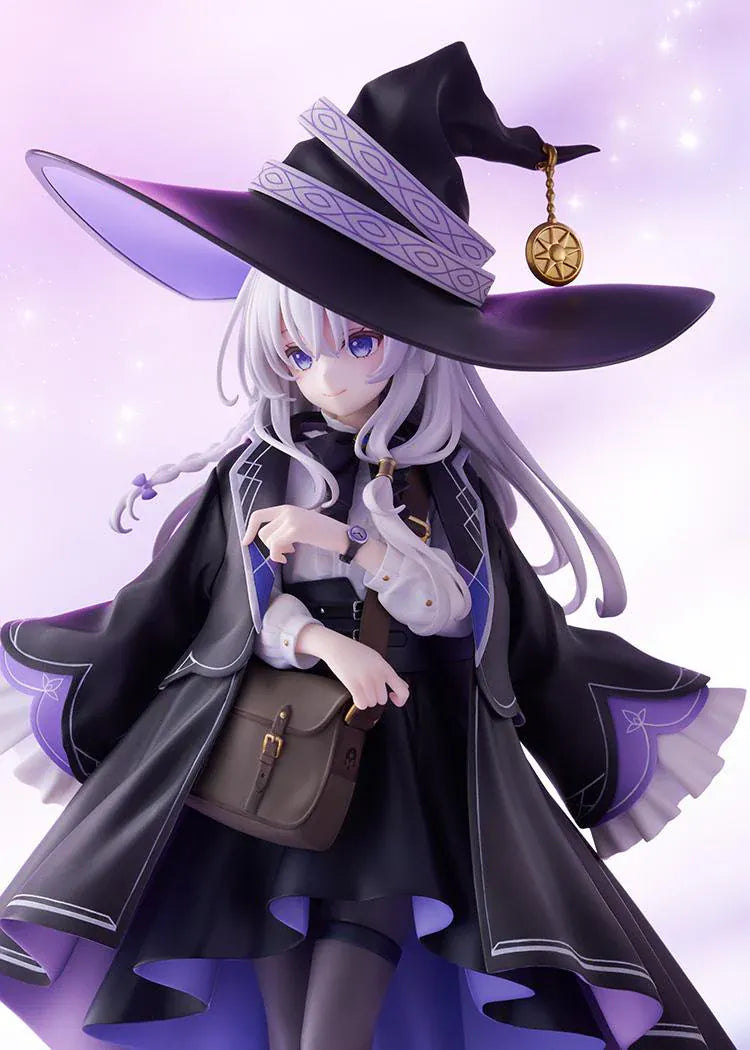 Wandering Witch The Journey of Elaina Elaina 1/7 Scale Figure with silver hair, black and purple witch outfit, wide hat, cloak, and travel bag