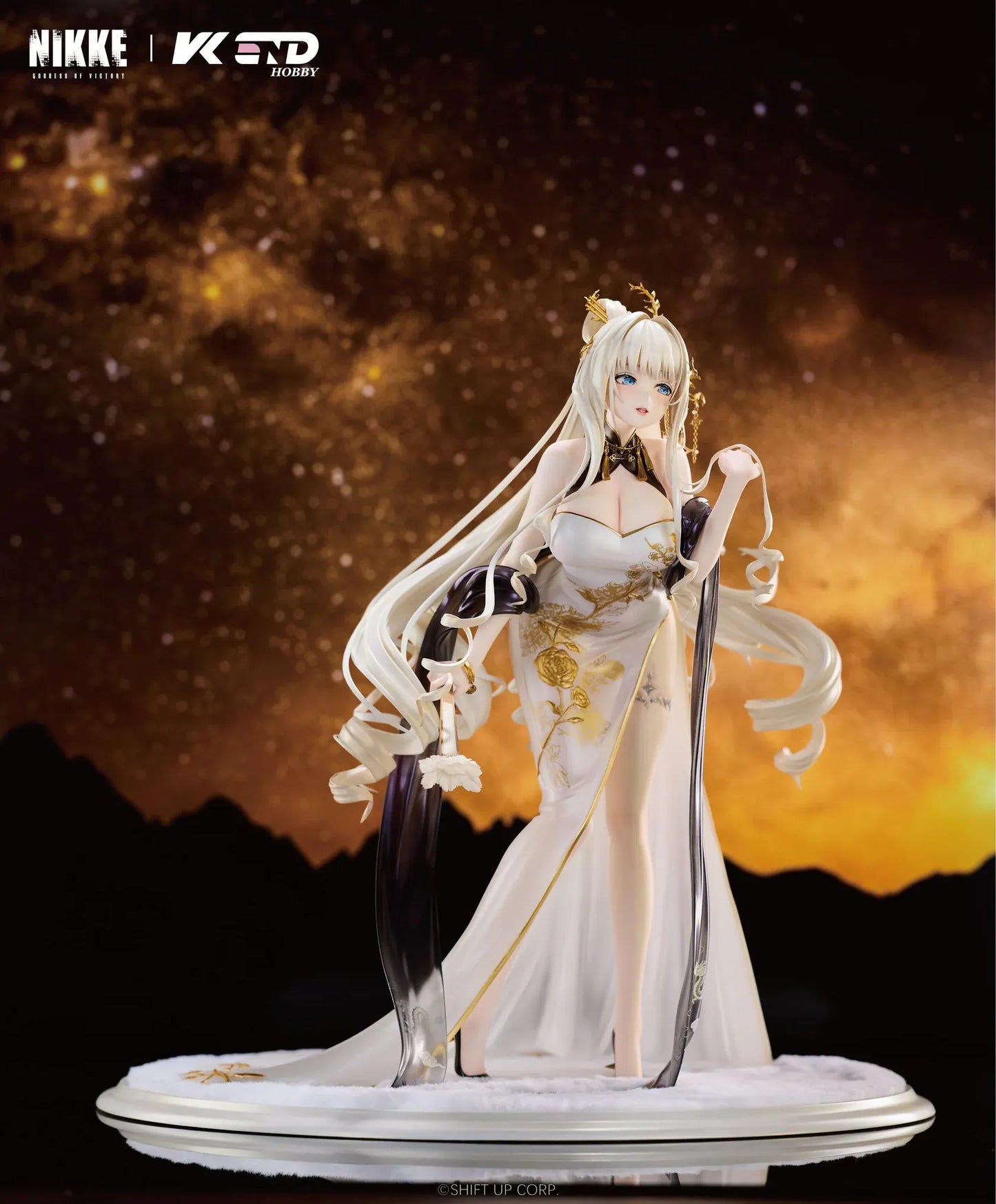 GODDESS OF VICTORY NIKKE Crown Glorious Flower 1/4 Scale Figure in an elegant white black and gold floral outfit