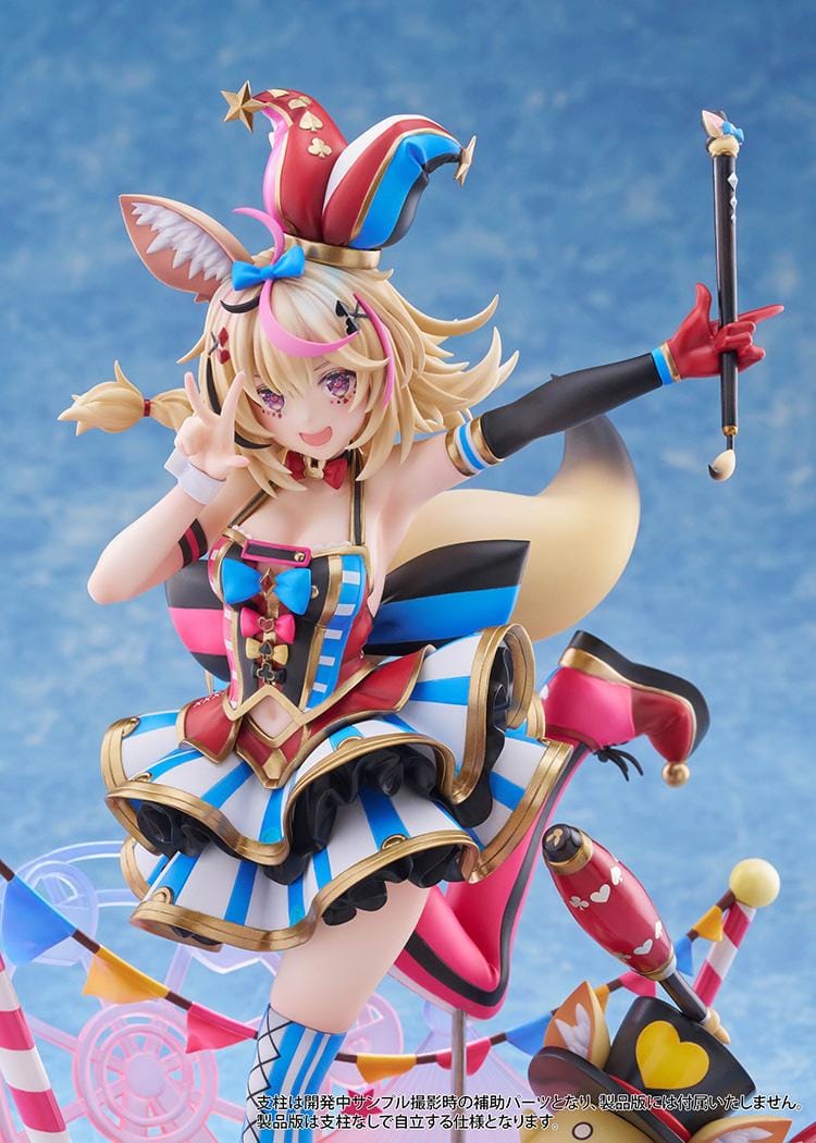 hololive production Omaru Polka 1/7 Scale Figure with jester outfit, fox ears, baton, colorful circus base, and dynamic pose