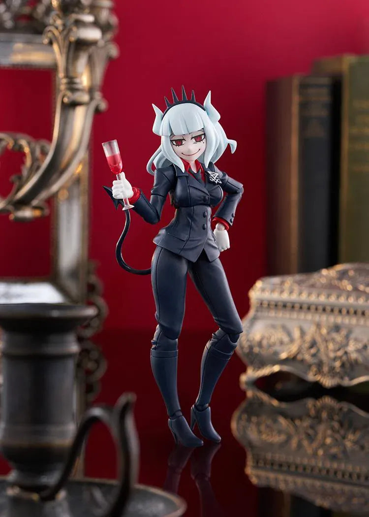 Helltaker figma Lucifer Figure with white hair, black horns, devil tail, black suit, and wine glass accessory