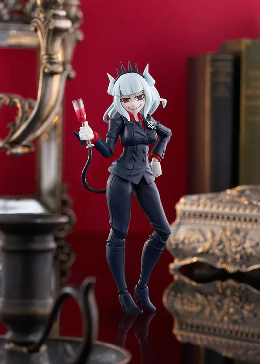 Helltaker figma Lucifer Figure with white hair, black horns, devil tail, black suit, and wine glass accessory