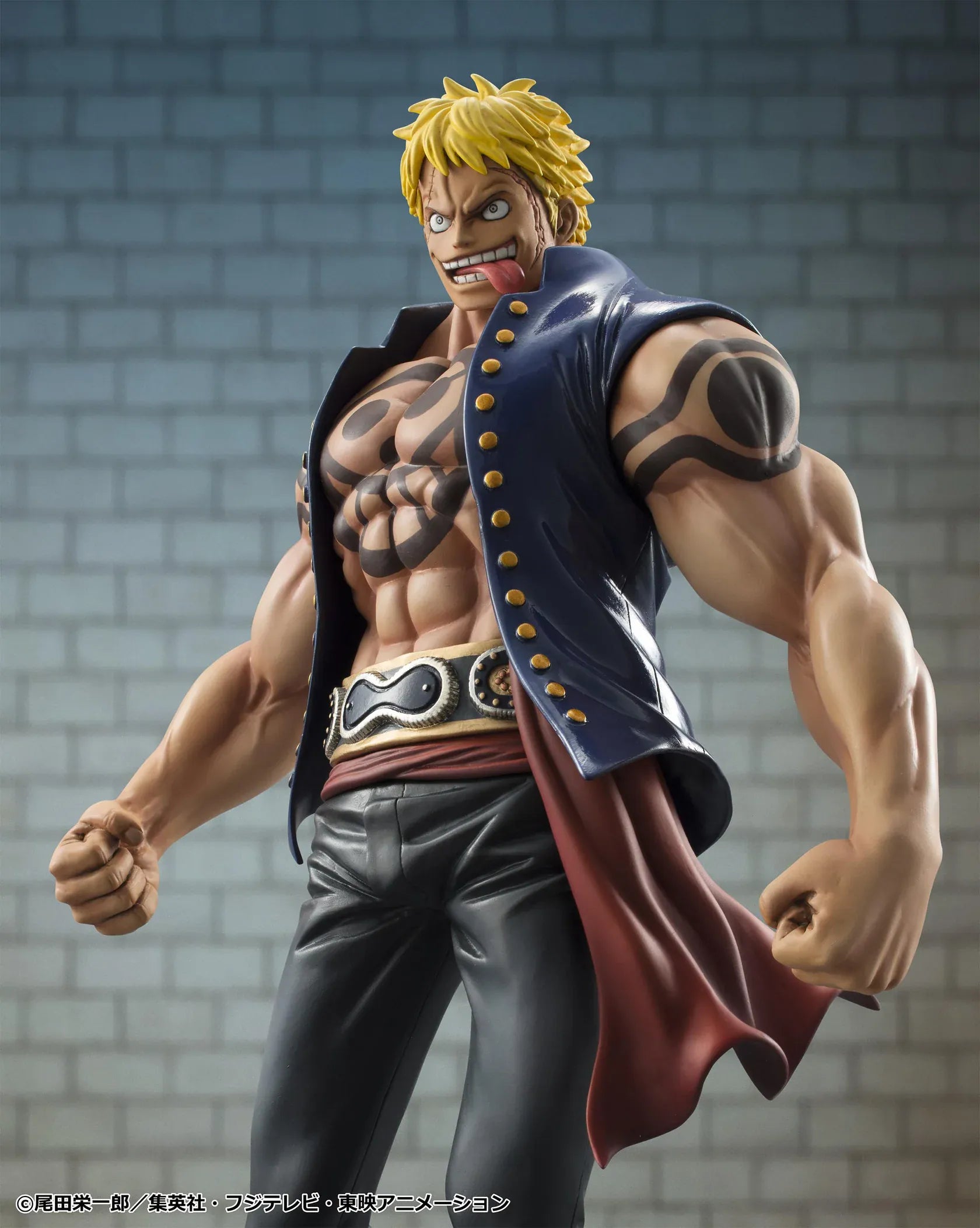 One Piece Portrait of Pirates Bellamy the Hyena Sailing Again Rerelease figure with blonde hair, blue vest, chest tattoo, black pants, and fierce pose