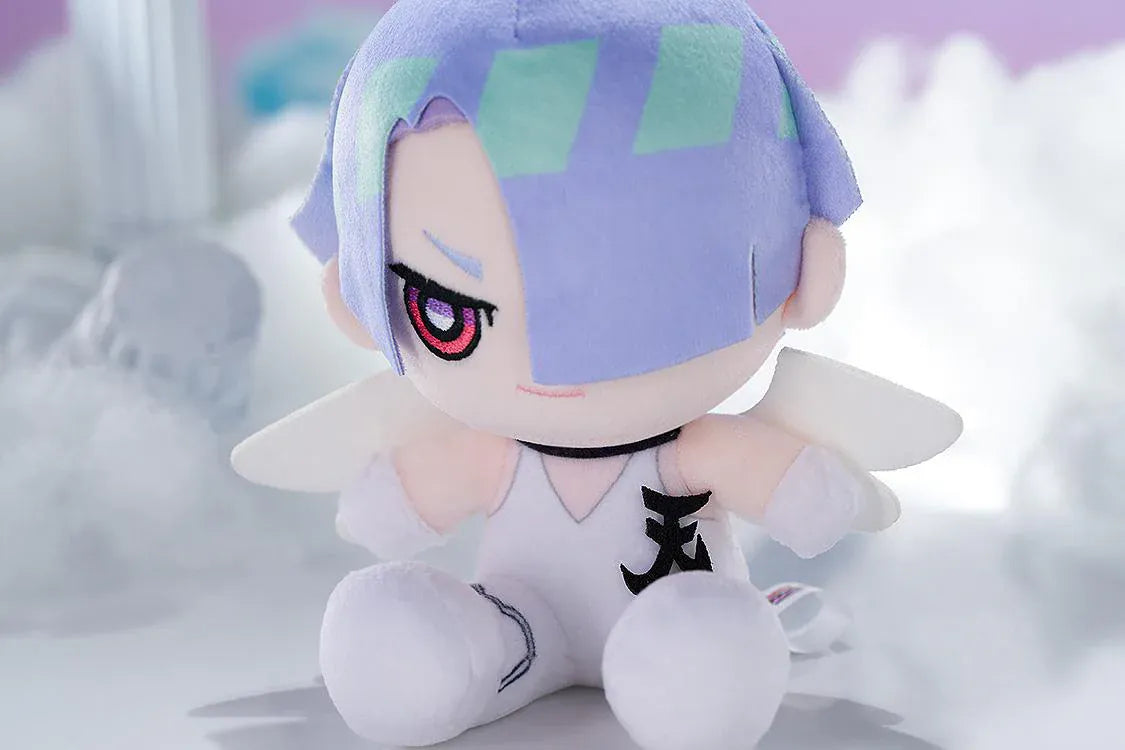 New PANTY & STOCKING with GARTERBELT Polyester Punipuni Plushie with lavender hair, white outfit, wing details, and seated chibi plush design
