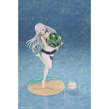 Summer Pockets REFLECTION BLUE Shiroha Naruse 1/6 scale figure wearing a black swimsuit and holding a watermelon on a beach-themed base.