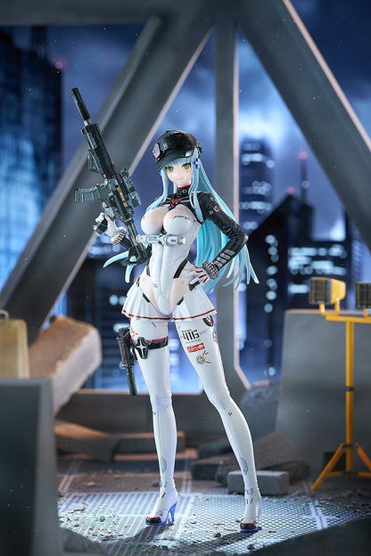 Girls' Frontline 2 Exilium Klukai Speed Star figure with light blue hair, a white and black outfit, cap, goggles, and rifle on a blue display base.