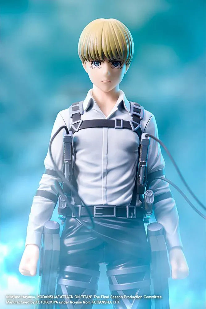 Armin Arlert The Final Season Ver. Oshi Works figure with blond hair, a gray shirt, black harness straps, and equipment on a rectangular black base.