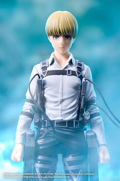 Armin Arlert The Final Season Ver. Oshi Works figure with blond hair, a gray shirt, black harness straps, and equipment on a rectangular black base.
