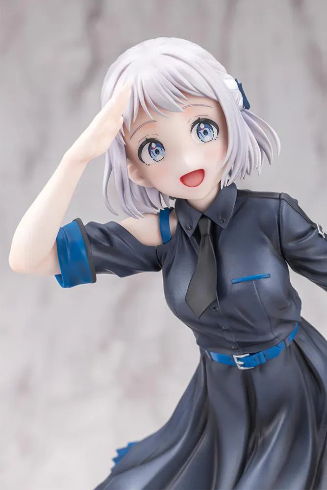 The Idolmaster Gakuen Lilja Katsuragi Hakusen DX Ver. 1/7 Scale Figure featuring Lilja with short silver hair, black dress with blue accents, boots, and themed display base.