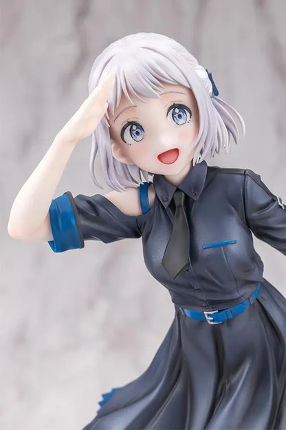 The Idolmaster Gakuen Lilja Katsuragi Hakusen DX Ver. 1/7 Scale Figure featuring Lilja with short silver hair, black dress with blue accents, boots, and themed display base.