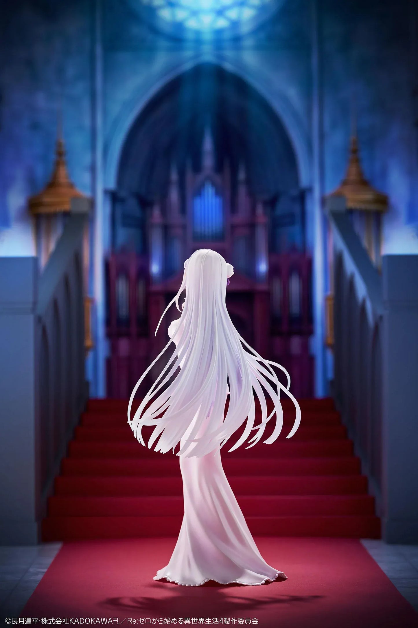 Re Zero Emilia Wedding Dress Ver. 1/7 Scale Figure wearing an elegant flowing white bridal gown with silver hair and floral accessories