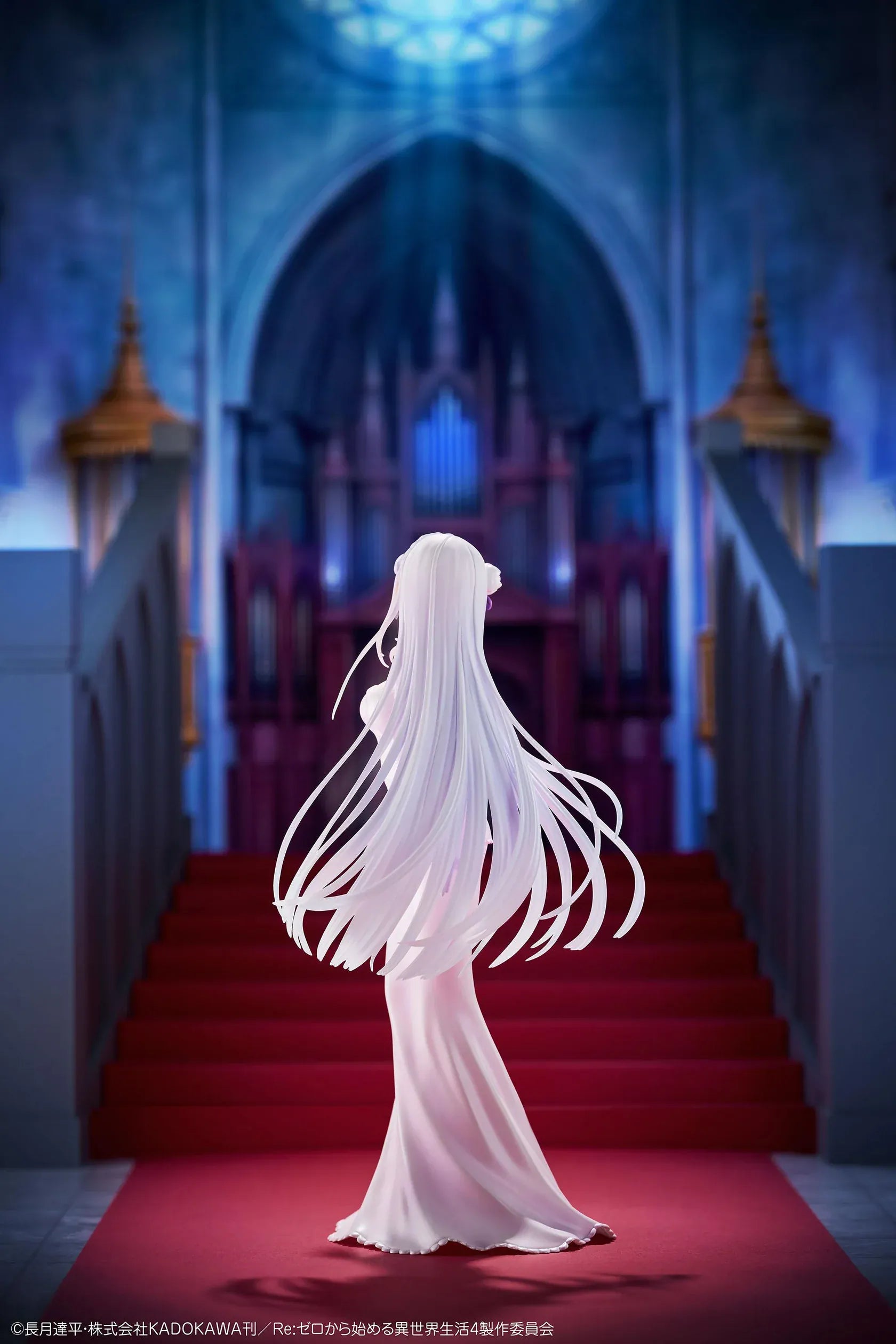 Re Zero Emilia Wedding Dress Ver. 1/7 Scale Figure wearing an elegant flowing white bridal gown with silver hair and floral accessories