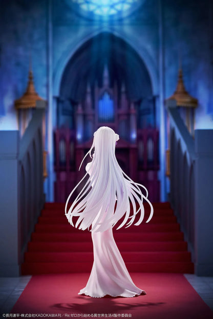 Re Zero Emilia Wedding Dress Ver. 1/7 Scale Figure wearing an elegant flowing white bridal gown with silver hair and floral accessories