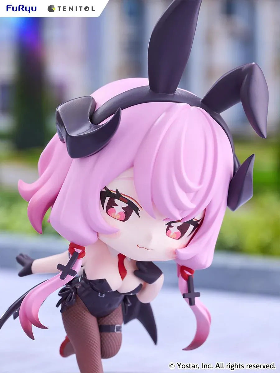 Stella Sora TENITOL Mini Bernina Bunny Figure by FuRyu featuring a pink-haired anime girl with reddish-pink eyes, black bunny ears, a black bunny outfit, fishnet tights, red accents, and bat-like wings in a playful pose.
