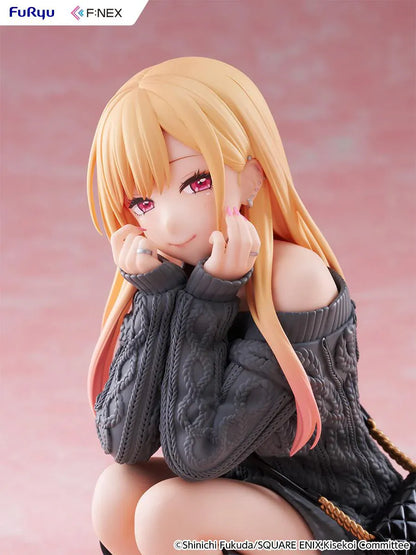 My Dress-Up Darling Kitagawa Marin knit ver. 1/6 Scale Figure featuring Marin with long blonde hair, gray oversized sweater, black boots, quilted bag, and crouching pose.