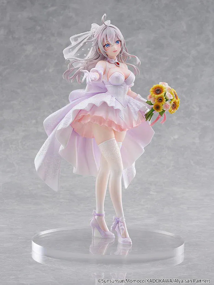“KD Colle Alisa Mikhailovna Kujou Wedding Dress Ver. 1/7 Scale Figure standing in a flowing white and pink bridal gown holding a flower bouquet.”