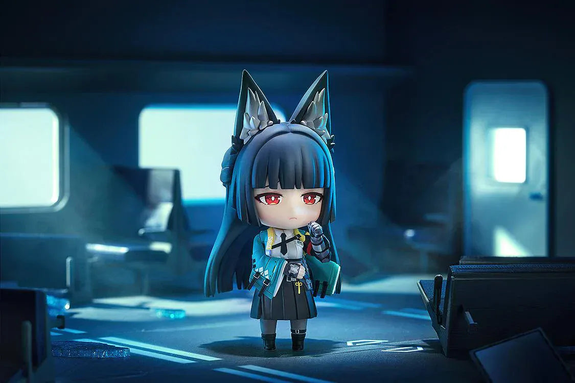 Nendoroid Miyabi Hoshimi with fox ears, black hair, katana, and blue spirit effect part.