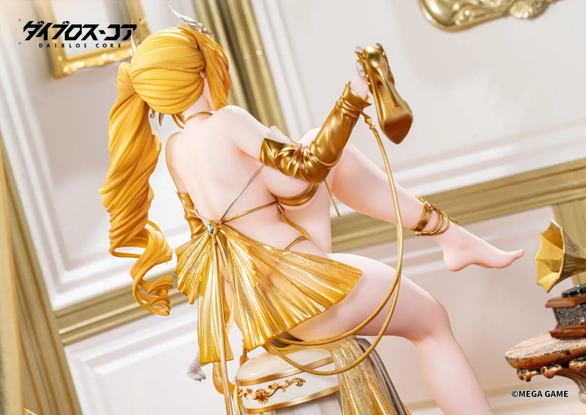 Daiblos Core Lobera Passionate Night Deluxe Edition 1/6 Scale Figure featuring a golden-blonde-haired anime character with golden eyes, an elaborate gold outfit, blue gemstone jewelry, ornate accessories, and flowing gold and silver fabrics seated on a decorative throne-inspired display. Includes an exclusive 300 × 500 mm illustrated wall scroll.