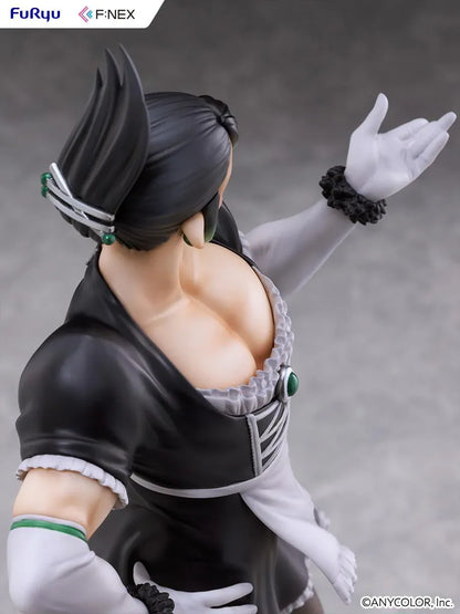 Hanabatake Chaika 1/7 Scale Figure by FuRyu F featuring a VTuber with tall black hair, green highlights, pointed ears, and a black and white maid outfit with white gloves, dark stockings, and black heels on a green circular display base.