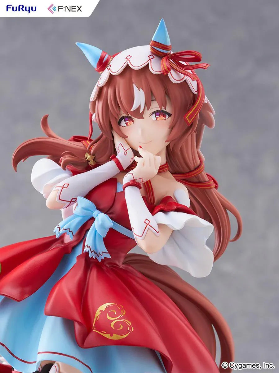 Umamusume Pretty Derby Still in Love 1/7 scale figure in a red and blue performance outfit on a heart-shaped display base