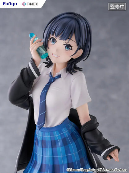 Chitose Is in the Ramune Bottle Yuzuki Nanase 1/7 Scale Figure with short dark hair, blue plaid skirt, school uniform outfit, drink bottle accessory, and display base