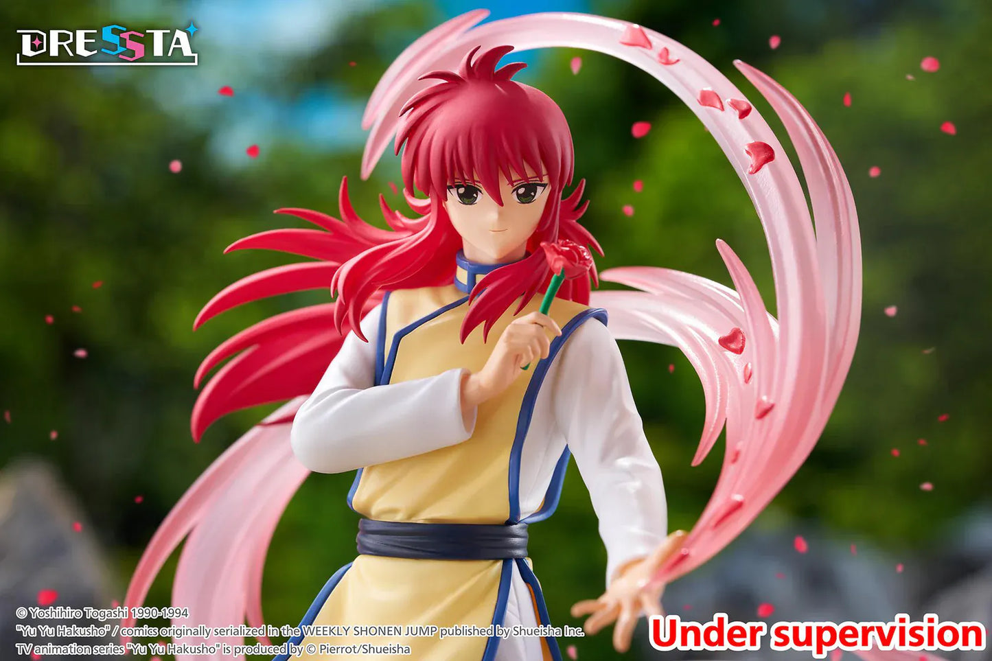 Yu Yu Hakusho Dressta Kurama Figure with red hair, yellow outfit, rose accessory, pink energy effects, and display base
