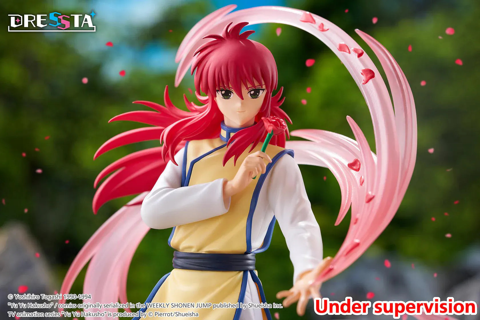 Yu Yu Hakusho Dressta Kurama Figure with red hair, yellow outfit, rose accessory, pink energy effects, and display base